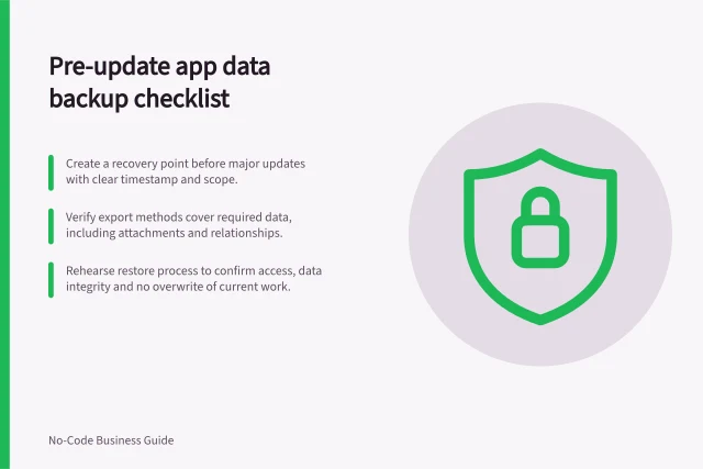 Pre-update app data backup checklist: Create a recovery point before major updates with clear timestamp and scope.; Verify export methods cover required data, including attachments and relationships.; Rehearse restore process to confirm access, data integrity and no overwrite of current work. Backing up app data before a major update