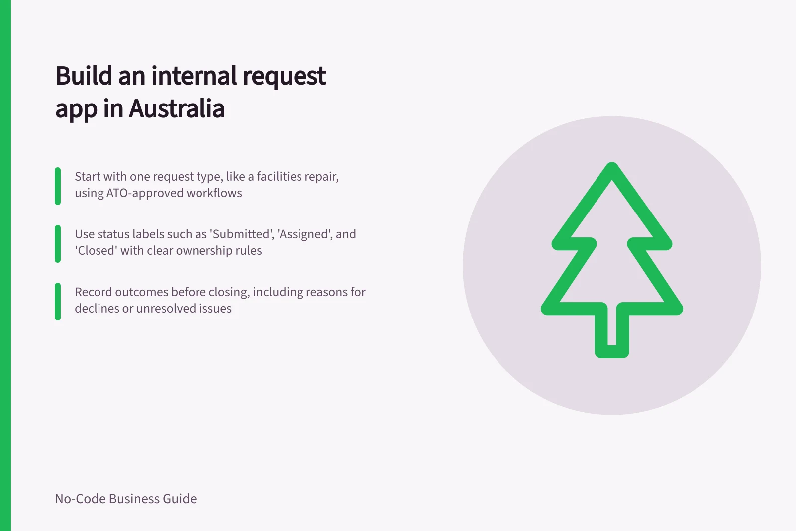 Build an internal request app in Australia: Start with one request type, like a facilities repair, using ATO-approved workflows; Use status labels such as 'Submitted', 'Assigned', and 'Closed' with clear ownership rules; Record outcomes before closing, including reasons for declines or unresolved issues