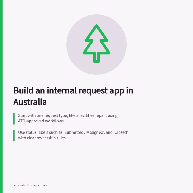 Build an internal request app in Australia: Start with one request type, like a facilities repair, using ATO-approved workflows; Use status labels such as 'Submitted', 'Assigned', and 'Closed' with clear ownership rules; Record outcomes before closing, including reasons for declines or unresolved issues. Building an internal request app