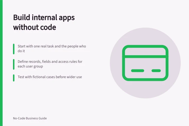 Build internal apps without code: Start with one real task and the people who do it; Define records, fields and access rules for each user group; Test with fictional cases before wider use. Building internal business apps without code