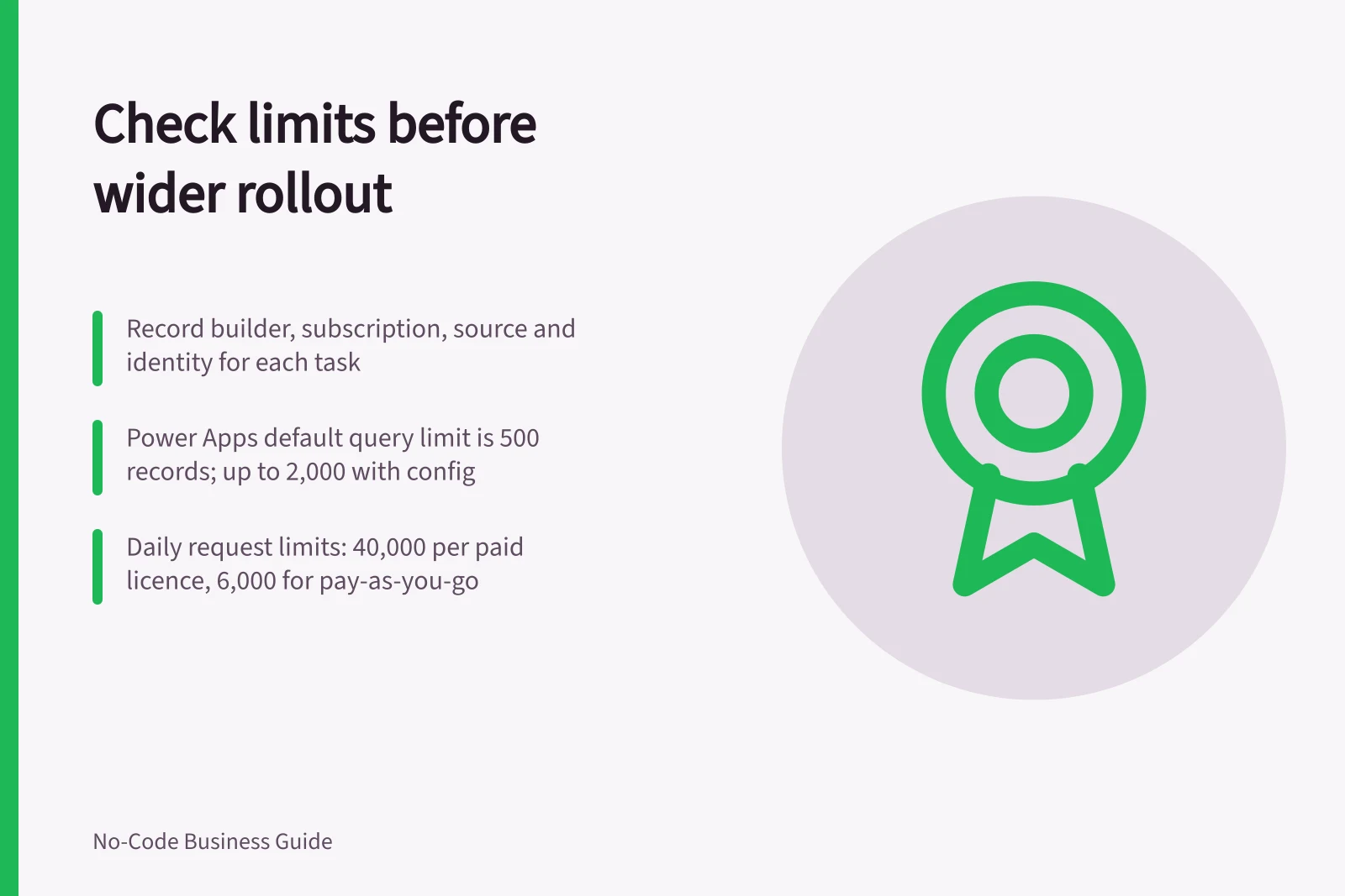 Check limits before wider rollout: Record builder, subscription, source and identity for each task; Power Apps default query limit is 500 records; up to 2,000 with config; Daily request limits: 40,000 per paid licence, 6,000 for pay-as-you-go