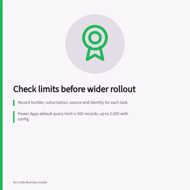 Check limits before wider rollout: Record builder, subscription, source and identity for each task; Power Apps default query limit is 500 records; up to 2,000 with config; Daily request limits: 40,000 per paid licence, 6,000 for pay-as-you-go. Checking platform limits before a wider rollout