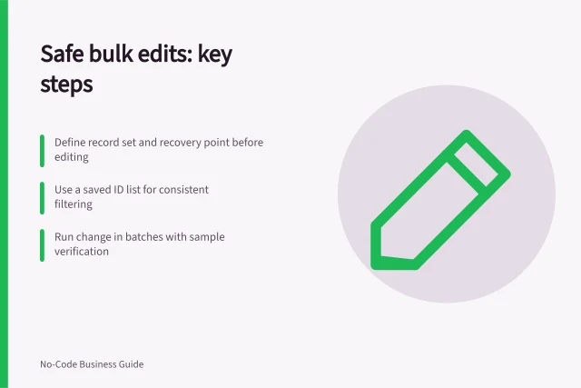 Safe bulk edits: key steps: Define record set and recovery point before editing; Use a saved ID list for consistent filtering; Run change in batches with sample verification. Creating safe bulk-edit processes