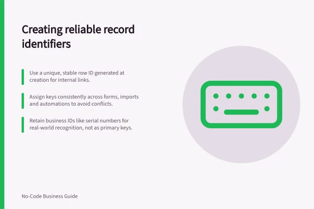 Creating reliable record identifiers: Use a unique, stable row ID generated at creation for internal links.; Assign keys consistently across forms, imports and automations to avoid conflicts.; Retain business IDs like serial numbers for real-world recognition, not as primary keys. Defining a reliable record identifier