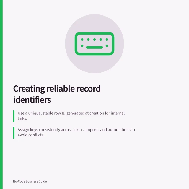 Creating reliable record identifiers: Use a unique, stable row ID generated at creation for internal links.; Assign keys consistently across forms, imports and automations to avoid conflicts.; Retain business IDs like serial numbers for real-world recognition, not as primary keys. Defining a reliable record identifier