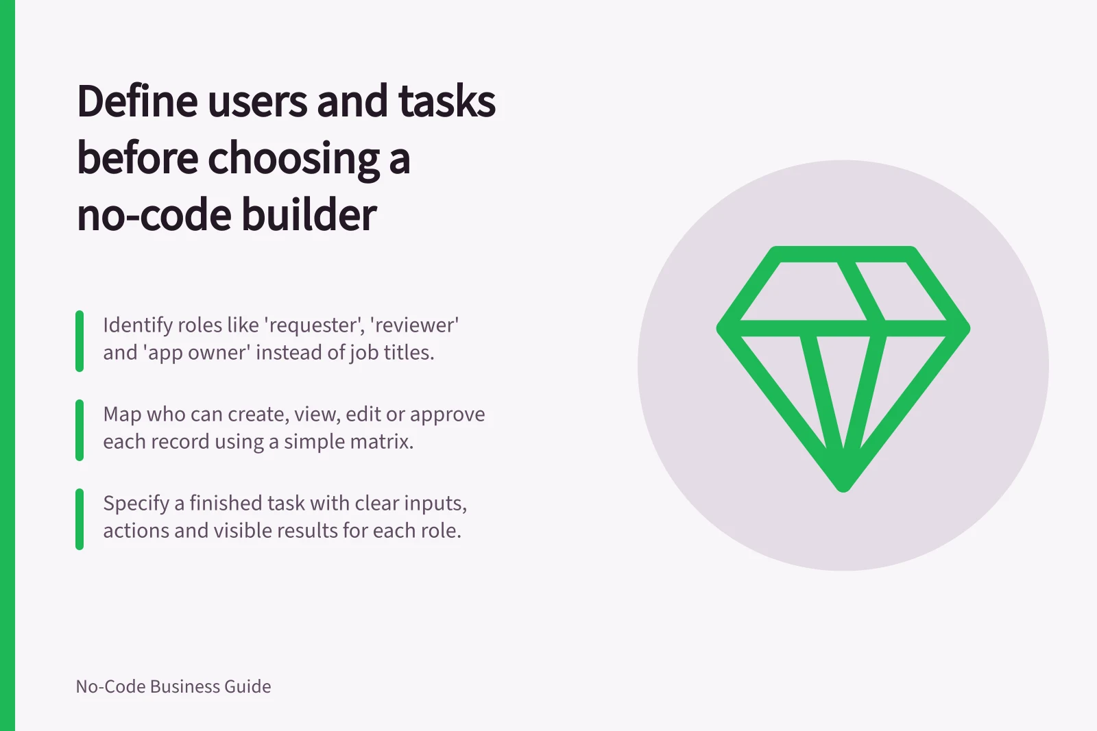 Define users and tasks before choosing a no-code builder: Identify roles like 'requester', 'reviewer' and 'app owner' instead of job titles.; Map who can create, view, edit or approve each record using a simple matrix.; Specify a finished task with clear inputs, actions and visible results for each role.