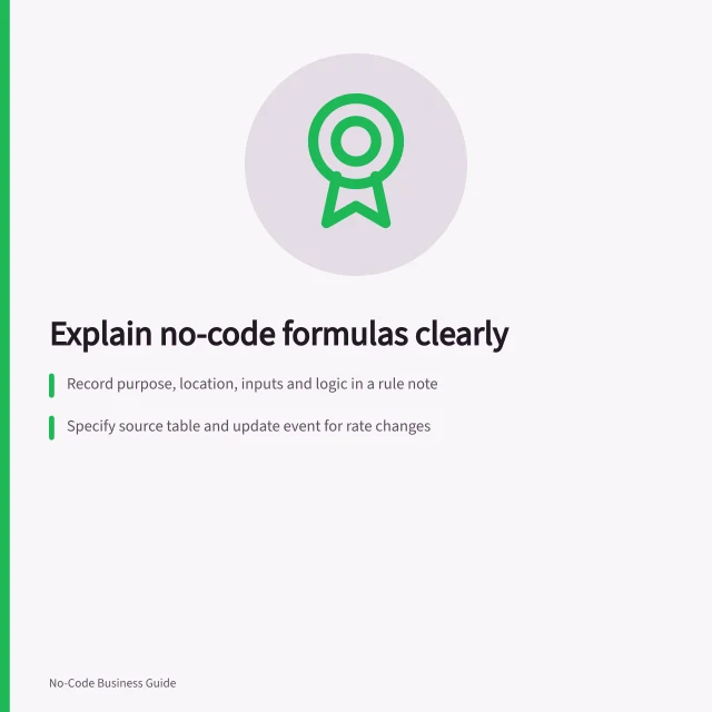 Explain no-code formulas clearly: Record purpose, location, inputs and logic in a rule note; Specify source table and update event for rate changes; Include examples with expected results for change checks. Explaining a no-code formula to the next app owner
