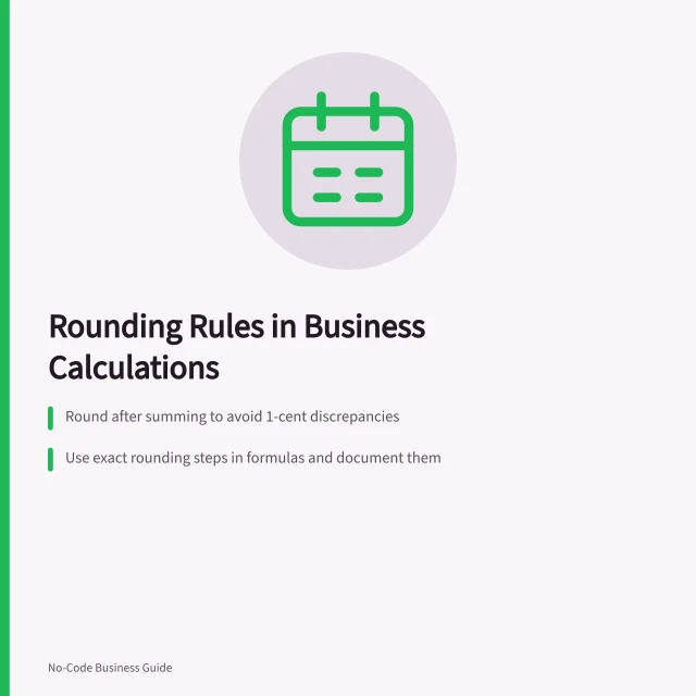 Rounding Rules in Business Calculations: Round after summing to avoid 1-cent discrepancies; Use exact rounding steps in formulas and document them; Check builder-specific function behaviour like RoundUp and RoundDown. Handling rounding in a business calculation