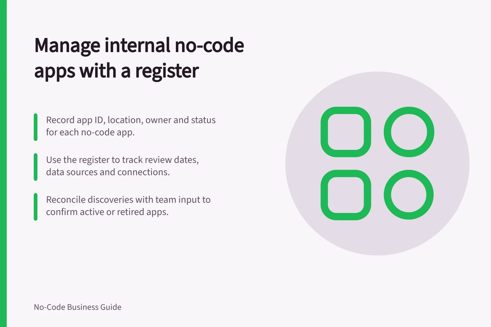 Manage internal no-code apps with a register: Record app ID, location, owner and status for each no-code app.; Use the register to track review dates, data sources and connections.; Reconcile discoveries with team input to confirm active or retired apps.