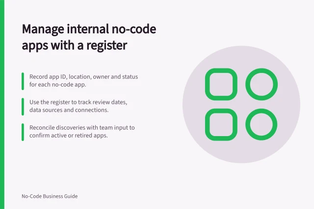Manage internal no-code apps with a register: Record app ID, location, owner and status for each no-code app.; Use the register to track review dates, data sources and connections.; Reconcile discoveries with team input to confirm active or retired apps. Keeping an inventory of internal no-code apps