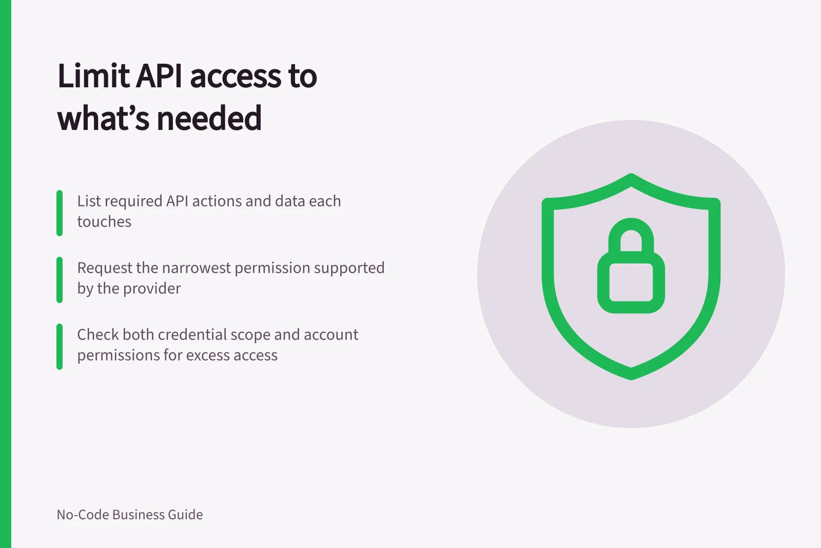 Limit API access to what’s needed: List required API actions and data each touches; Request the narrowest permission supported by the provider; Check both credential scope and account permissions for excess access