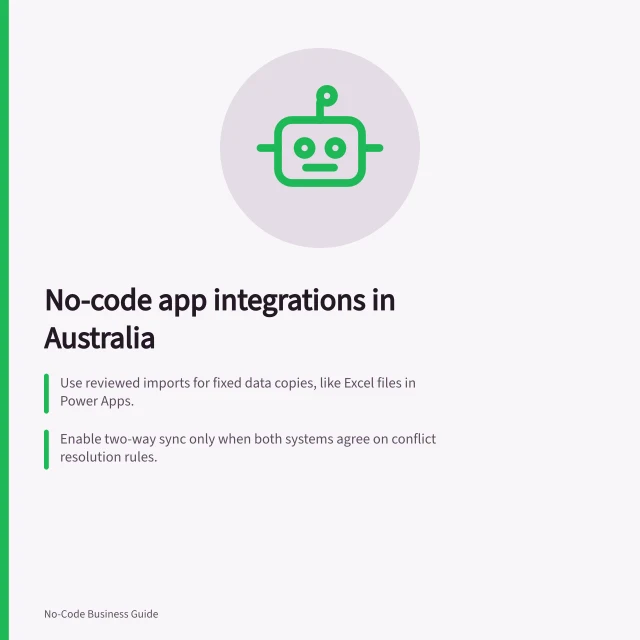 No-code app integrations in Australia: Use reviewed imports for fixed data copies, like Excel files in Power Apps.; Enable two-way sync only when both systems agree on conflict resolution rules.; Confirm API access and HTTPS protection before connecting to external services. No-code app integrations