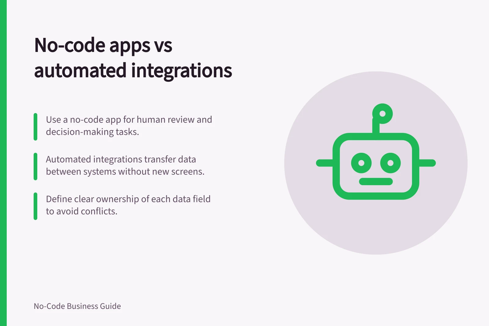 No-code apps vs automated integrations: Use a no-code app for human review and decision-making tasks.; Automated integrations transfer data between systems without new screens.; Define clear ownership of each data field to avoid conflicts.
