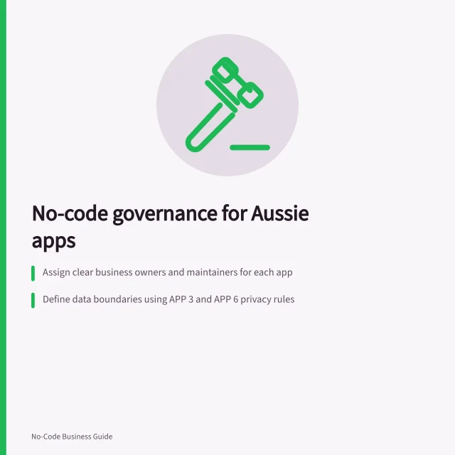 No-code governance for Aussie apps: Assign clear business owners and maintainers for each app; Define data boundaries using APP 3 and APP 6 privacy rules; Set review dates and retirement plans with ATO-compliant records. No-code governance