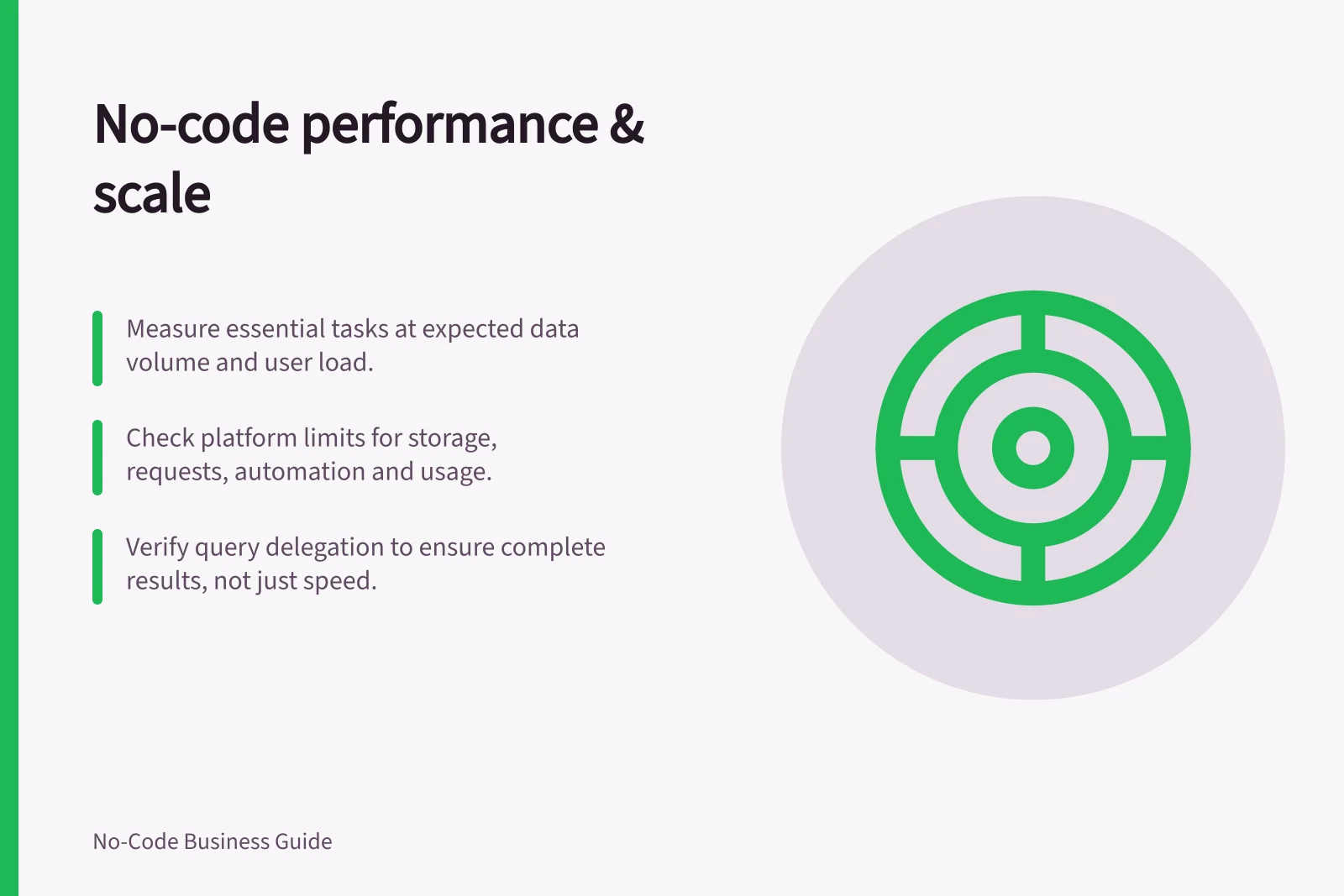 No-code performance & scale: Measure essential tasks at expected data volume and user load.; Check platform limits for storage, requests, automation and usage.; Verify query delegation to ensure complete results, not just speed.