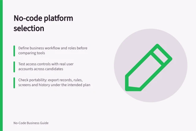 No-code platform selection: Define business workflow and roles before comparing tools; Test access controls with real user accounts across candidates; Check portability: export records, rules, screens and history under the intended plan. No-code platform selection