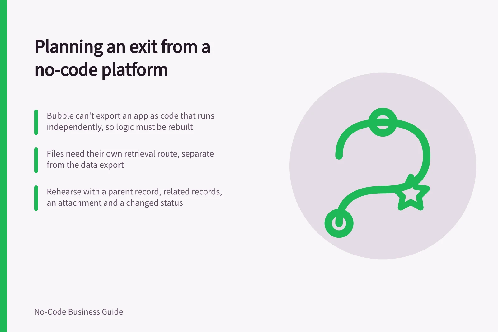 Planning an exit from a no-code platform: Bubble can't export an app as code that runs independently, so logic must be rebuilt; Files need their own retrieval route, separate from the data export; Rehearse with a parent record, related records, an attachment and a changed status