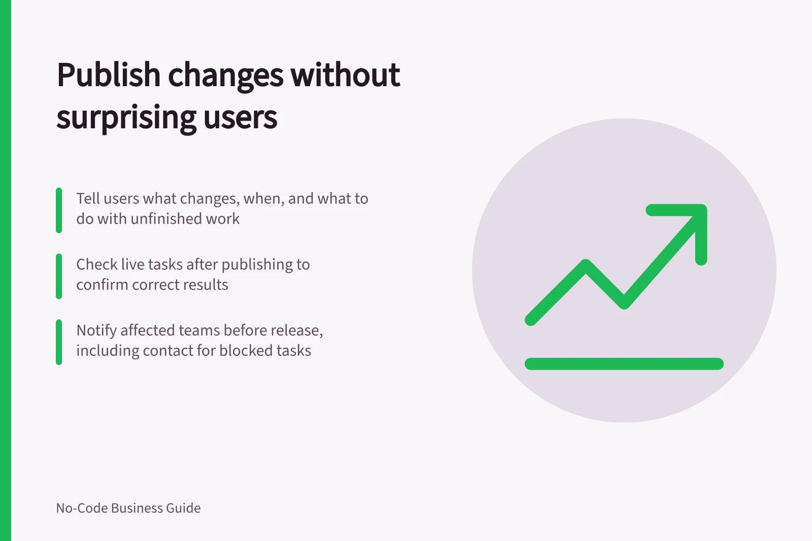 Publish changes without surprising users: Tell users what changes, when, and what to do with unfinished work; Check live tasks after publishing to confirm correct results; Notify affected teams before release, including contact for blocked tasks