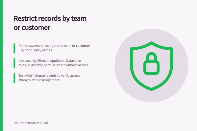 Restrict records by team or customer: Define ownership using stable team or customer IDs, not display names; Use security filters in AppSheet, Dataverse roles, or Airtable permissions to enforce access; Test with fictional records to verify access changes after reassignment. Restricting records by team or customer