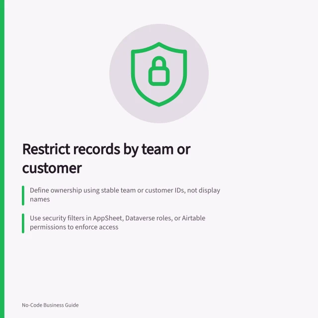 Restrict records by team or customer: Define ownership using stable team or customer IDs, not display names; Use security filters in AppSheet, Dataverse roles, or Airtable permissions to enforce access; Test with fictional records to verify access changes after reassignment. Restricting records by team or customer