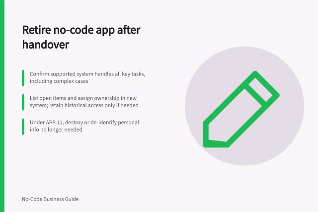 Retire no-code app after handover: Confirm supported system handles all key tasks, including complex cases; List open items and assign ownership in new system; retain historical access only if needed; Under APP 11, destroy or de-identify personal info no longer needed. Retiring a no-code app that duplicates a supported system