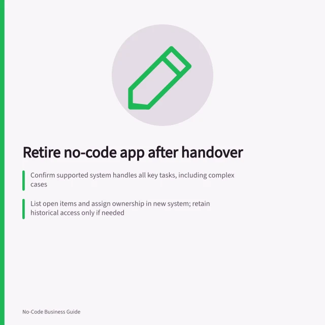 Retire no-code app after handover: Confirm supported system handles all key tasks, including complex cases; List open items and assign ownership in new system; retain historical access only if needed; Under APP 11, destroy or de-identify personal info no longer needed. Retiring a no-code app that duplicates a supported system