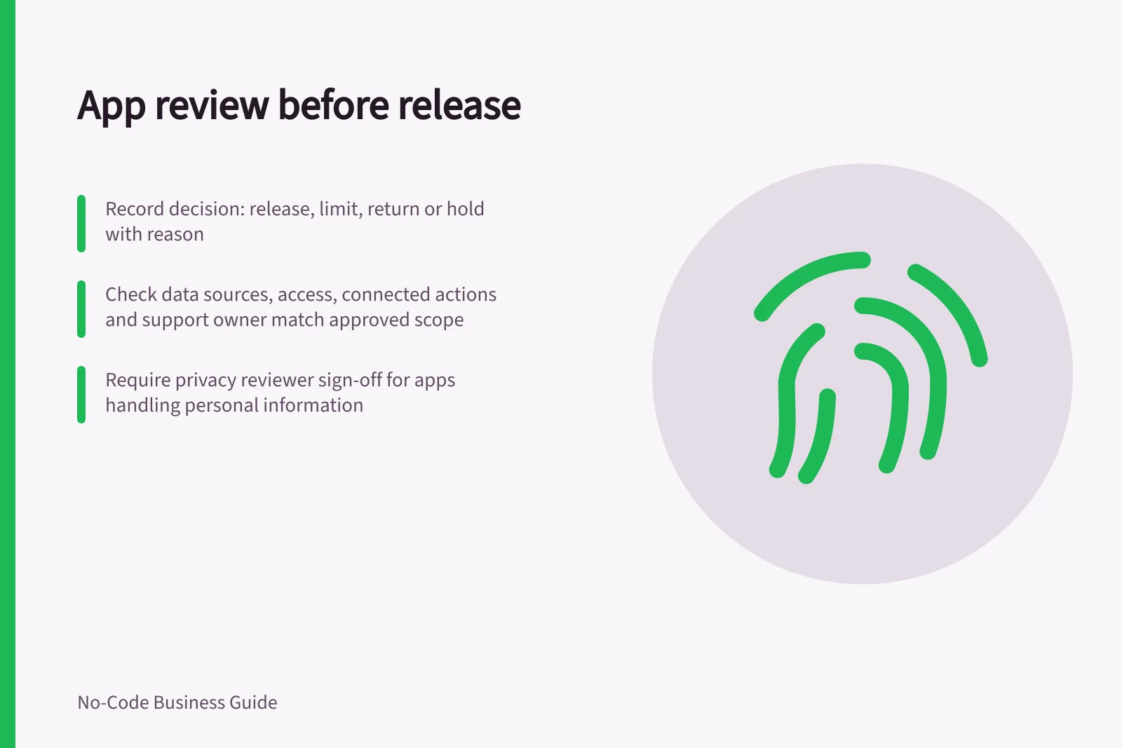 App review before release: Record decision: release, limit, return or hold with reason; Check data sources, access, connected actions and support owner match approved scope; Require privacy reviewer sign-off for apps handling personal information