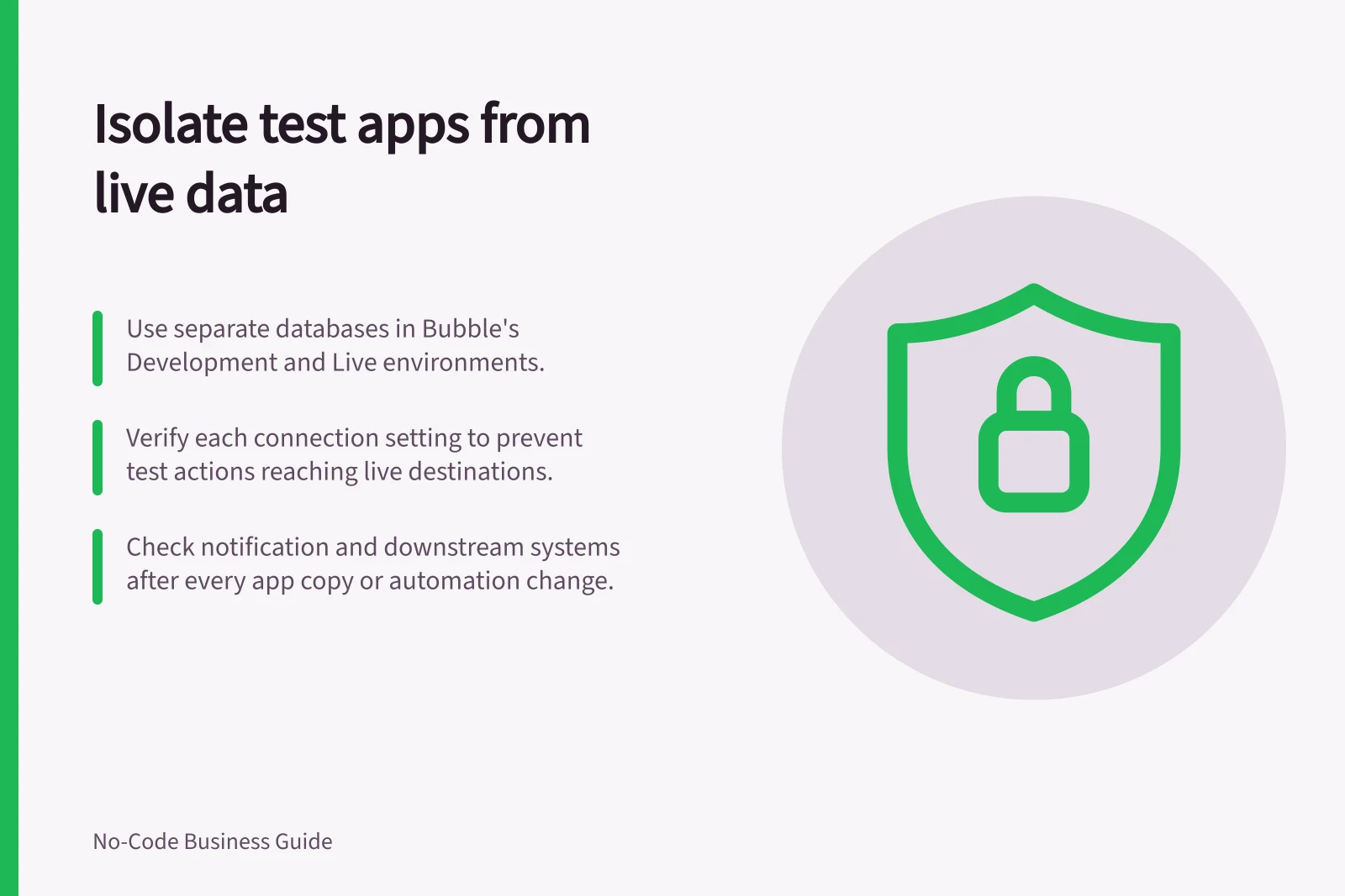 Isolate test apps from live data: Use separate databases in Bubble's Development and Live environments.; Verify each connection setting to prevent test actions reaching live destinations.; Check notification and downstream systems after every app copy or automation change.