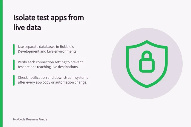 Isolate test apps from live data: Use separate databases in Bubble's Development and Live environments.; Verify each connection setting to prevent test actions reaching live destinations.; Check notification and downstream systems after every app copy or automation change. Separating a test app from the live version