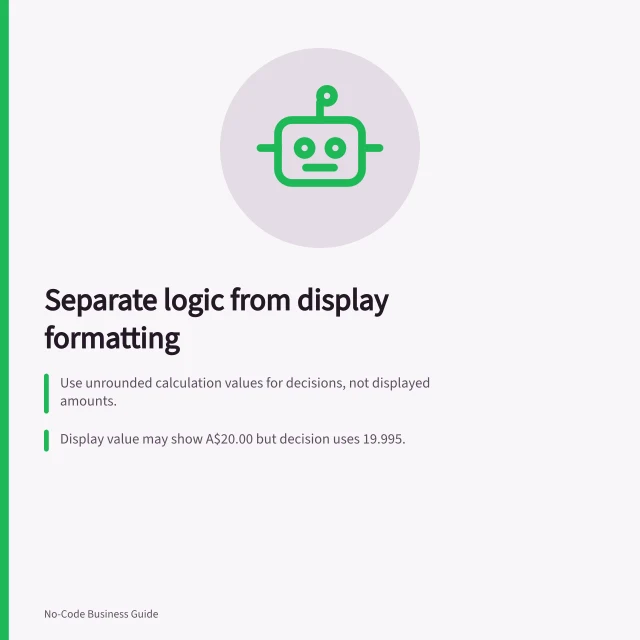 Separate logic from display formatting: Use unrounded calculation values for decisions, not displayed amounts.; Display value may show A$20.00 but decision uses 19.995.; Document each output route: display, decision and export values. Separating display formatting from calculation logic