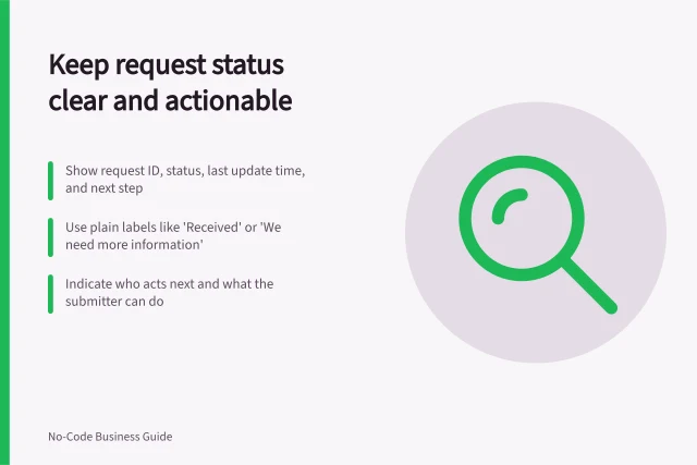 Keep request status clear and actionable: Show request ID, status, last update time, and next step; Use plain labels like 'Received' or 'We need more information'; Indicate who acts next and what the submitter can do. Showing request status to the person who submitted it