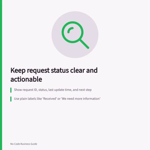 Keep request status clear and actionable: Show request ID, status, last update time, and next step; Use plain labels like 'Received' or 'We need more information'; Indicate who acts next and what the submitter can do. Showing request status to the person who submitted it