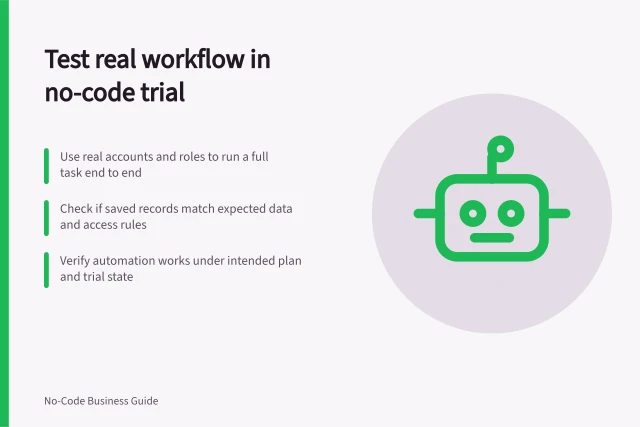 Test real workflow in no-code trial: Use real accounts and roles to run a full task end to end; Check if saved records match expected data and access rules; Verify automation works under intended plan and trial state. Testing a real workflow during a no-code trial