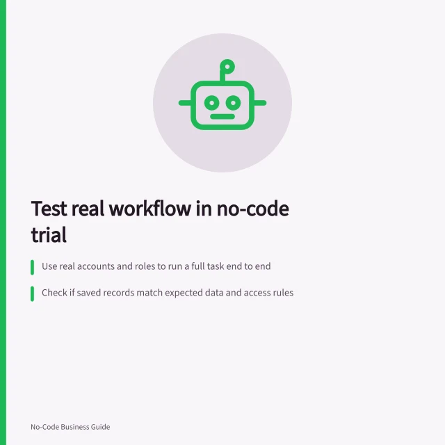 Test real workflow in no-code trial: Use real accounts and roles to run a full task end to end; Check if saved records match expected data and access rules; Verify automation works under intended plan and trial state. Testing a real workflow during a no-code trial