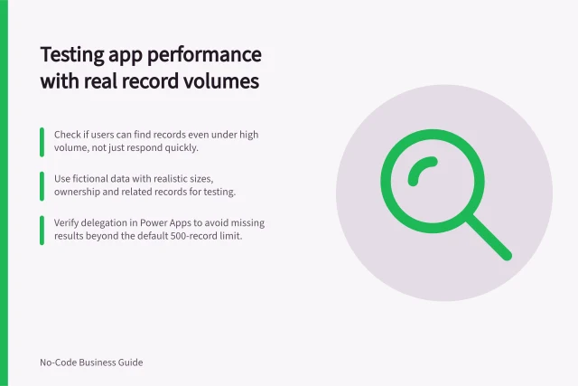 Testing app performance with real record volumes: Check if users can find records even under high volume, not just respond quickly.; Use fictional data with realistic sizes, ownership and related records for testing.; Verify delegation in Power Apps to avoid missing results beyond the default 500-record limit. Testing an app with realistic record volumes