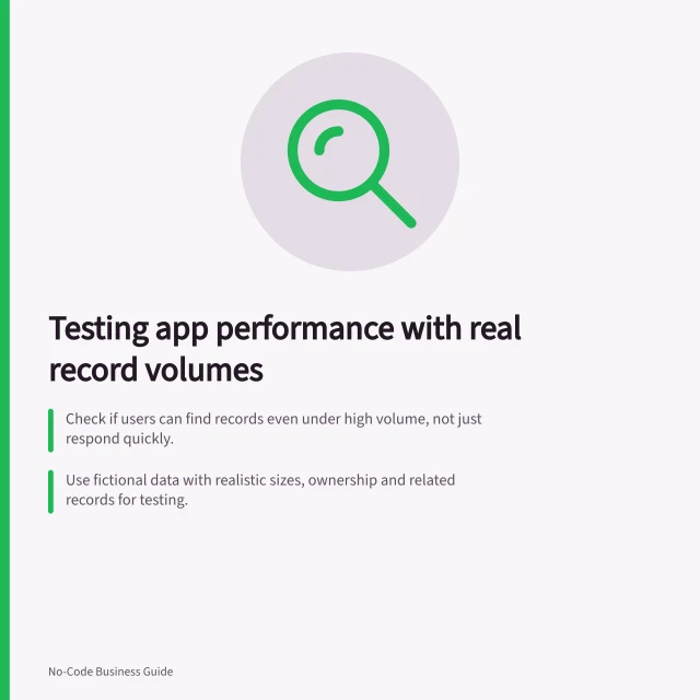 Testing app performance with real record volumes: Check if users can find records even under high volume, not just respond quickly.; Use fictional data with realistic sizes, ownership and related records for testing.; Verify delegation in Power Apps to avoid missing results beyond the default 500-record limit. Testing an app with realistic record volumes