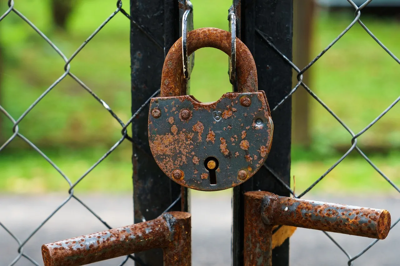 padlock, gate, closed, blocking, metal, old, rusty, rust, locks, padlocks, entrance, access, protection
